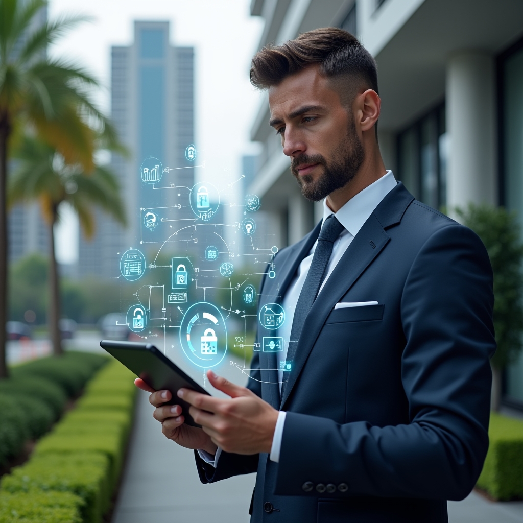 Ultra-realistic condominium manager in a sleek navy suit, set in a modern luxury condominium environment with high-rise buildings and manicured green landscaping, holding a digital tablet projecting holographic icons of calendar reservations, financial charts, security locks, and chat bubbles, confidently reviewing data, cinematic lighting, shallow depth of field, highly detailed textures, realistic skin, photographic realism, 8k resolution --ar 1:1 --v 6