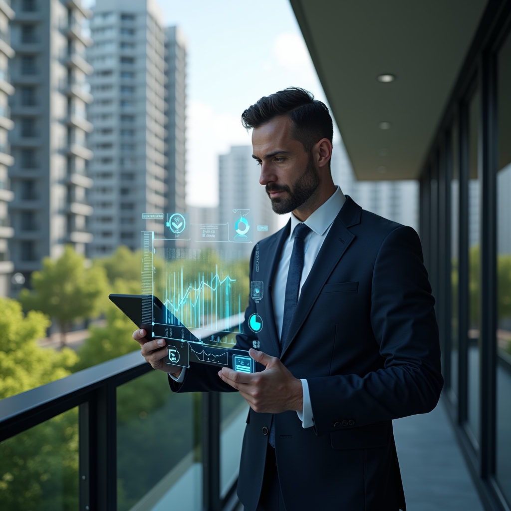 Ultra-realistic condominium manager in a dark navy executive suit, set in a modern luxury condominium environment with high-rise buildings and manicured green landscaping, examining a holographic financial dashboard displaying bar charts and pie graphs, confident and focused expression, symbolic floating currency icons and line graphs around them, cinematic lighting, shallow depth of field, highly detailed textures, realistic skin, photographic realism, 8k resolution --ar 1:1 --v 6