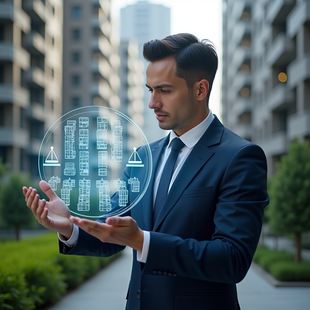 Ultra-realistic property manager in a navy executive suit, set in a modern luxury condominium environment with high-rise buildings and manicured green landscaping, examining a floating holographic diagram of unit fractions with a translucent legal scales icon beside it, confident and focused expression, cinematic lighting, shallow depth of field, highly detailed textures, realistic skin, photographic realism, 8k resolution --ar 1:1 --v 6