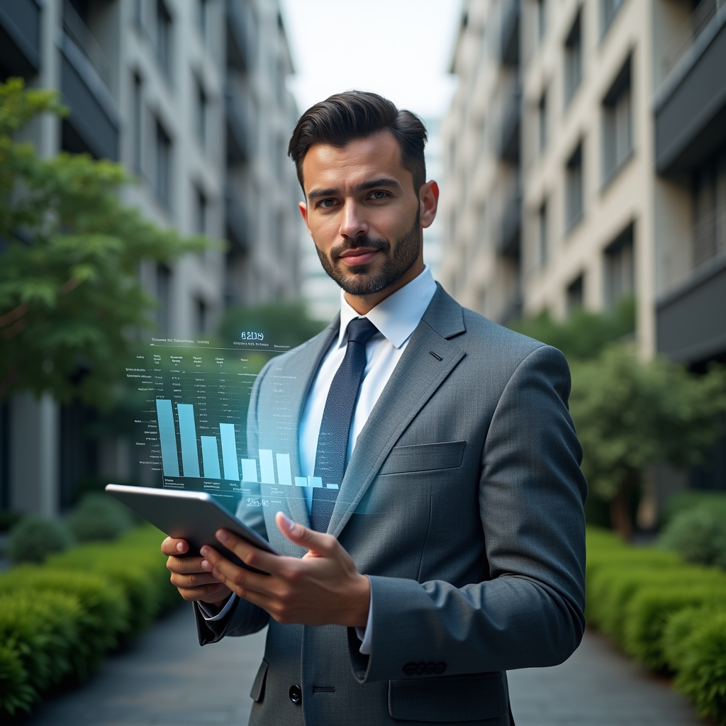 (Ultra-realistic condominium manager in a tailored gray suit, set in a modern luxury condominium environment with high-rise buildings and lush green landscaping, mid-shot of a confident professional holding a tablet displaying floating holographic financial charts and icons representing automated accounting, cinematic lighting, shallow depth of field, highly detailed textures, realistic skin, photographic realism, 8k resolution --ar 1:1 --v 6)