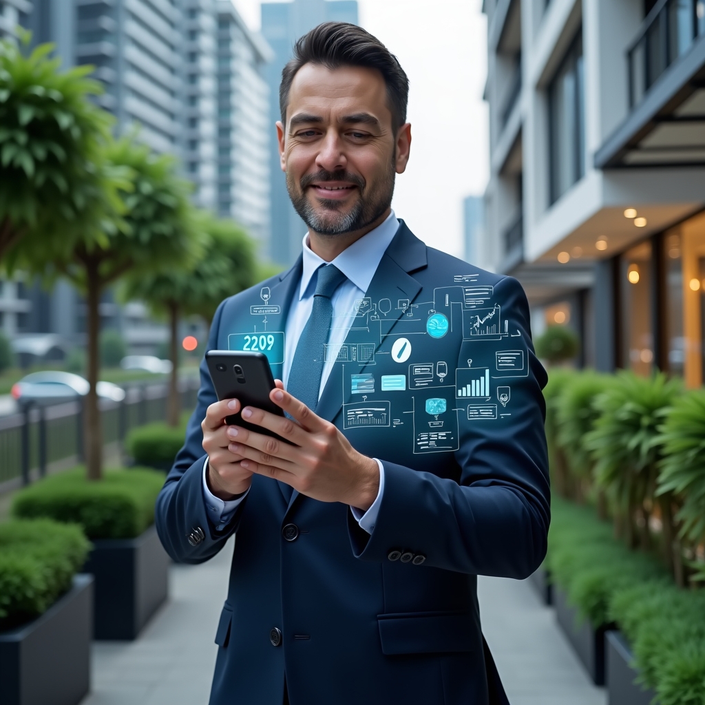 (Ultra-realistic condominium manager in a navy executive suit, set in a modern luxury condominium environment with high-rise buildings and meticulously landscaped greenery, holding a smartphone and tapping on a floating holographic dashboard of financial charts and messaging icons, confident expression, cinematic lighting, shallow depth of field, highly detailed textures, realistic skin, photographic realism, 8k resolution --ar 1:1 --v 6)
