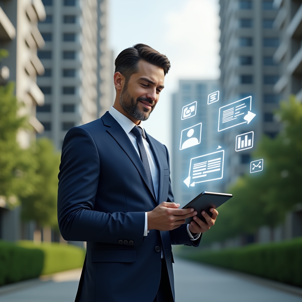 (Ultra-realistic condominium manager in a navy tailored suit, set in a modern luxury condominium environment with high-rise buildings and manicured green landscaping, medium shot of a professional holding a tablet and interacting with floating holographic message icons symbolizing efficient communication, confident and approachable expression, cinematic lighting, shallow depth of field, highly detailed textures, realistic skin, photographic realism, 8k resolution --ar 1:1 --v 6)