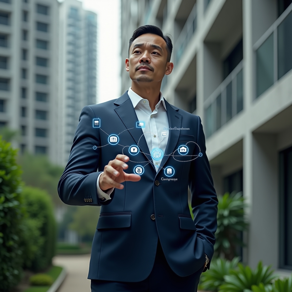(Ultra-realistic condominium manager in a tailored navy suit, set in a modern luxury condominium environment with high-rise buildings and lush green landscaping, interacting with a holographic digital interface showing app icons for calendar, finance and security, confident and focused expression, cinematic lighting, shallow depth of field, highly detailed textures, realistic skin, photographic realism, 8k resolution --ar 1:1 --v 6)