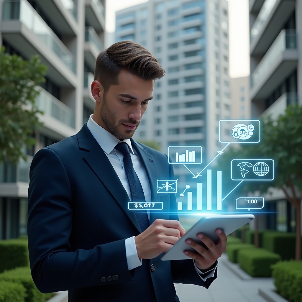 (Ultra-realistic condominium manager in a tailored navy suit, set in a modern luxury condominium environment with high-rise buildings and meticulously landscaped greenery, examining a floating holographic financial report with charts and graphs—confident and focused expression, symbolic icons of expense tracking and clear monthly statements hovering nearby, cinematic lighting, shallow depth of field, highly detailed textures, realistic skin, photographic realism, 8k resolution --ar 1:1 --v 6)