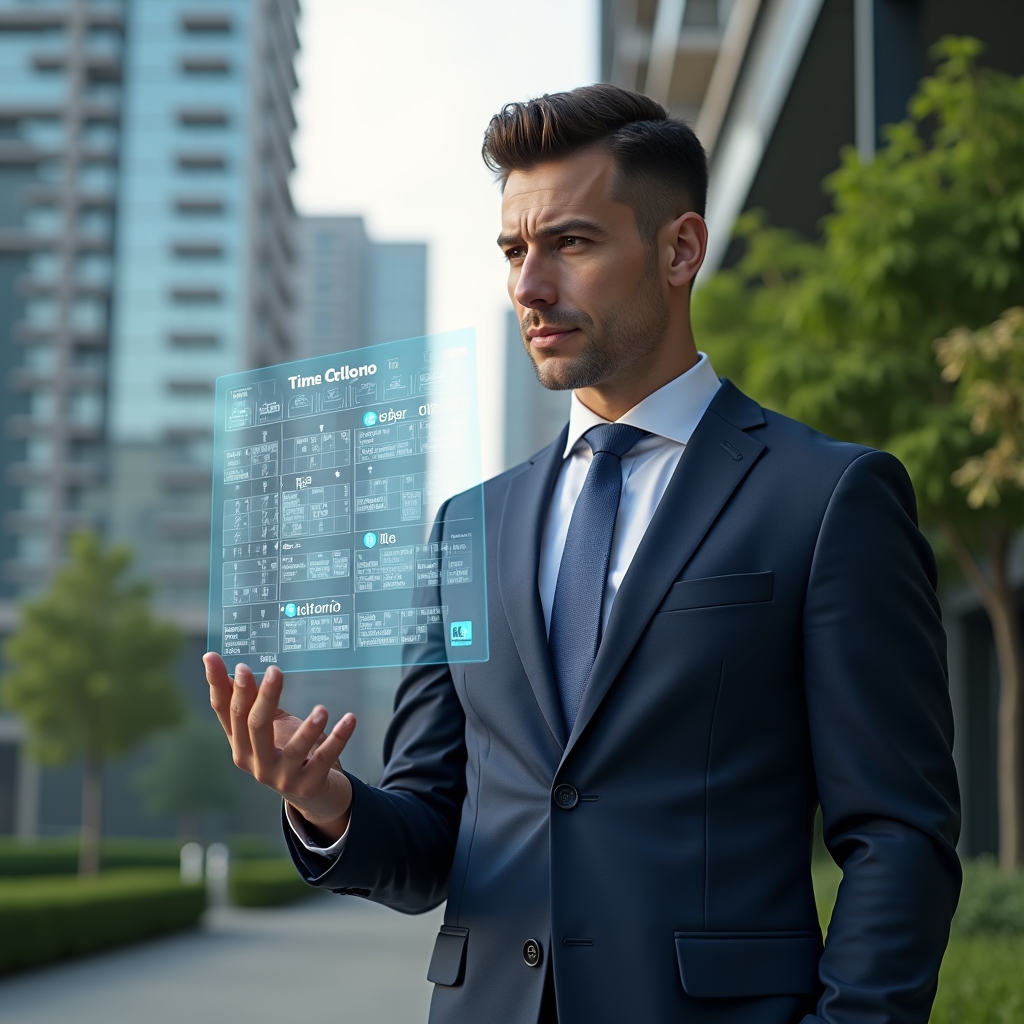 Ultra-realistic condominium manager in a tailored navy suit, set in a modern luxury condominium environment with high-rise buildings and lush green landscaping, holding and reviewing a glowing holographic calendar with floating icons for cleaning, maintenance and meeting schedules, confident and focused expression, cinematic lighting, shallow depth of field, highly detailed textures, realistic skin, photographic realism, 8k resolution --ar 1:1 --v 6