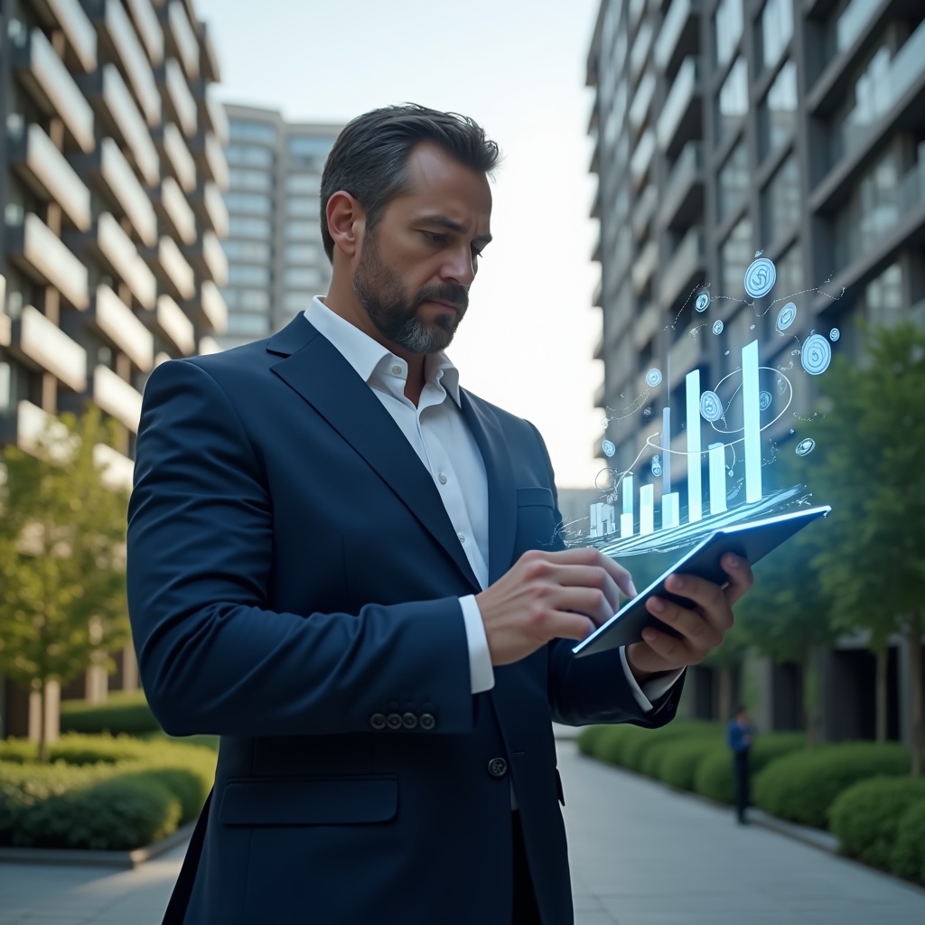 Ultra-realistic condominium manager in a dark blue tailored suit, set in a modern luxury condominium environment with high-rise buildings and meticulously landscaped greenery, mid shot holding a digital tablet projecting holographic expense graphs and budget charts, confidently analyzing rising bar charts and floating coin icons, cinematic lighting, shallow depth of field, highly detailed textures, realistic skin, photographic realism, 8k resolution --ar 1:1 --v 6