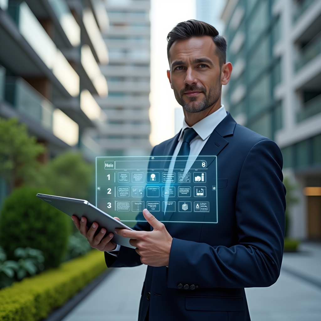 (Ultra-realistic property manager in a navy business suit, set in a modern luxury condominium environment with high-rise buildings and manicured green landscaping, holding a tablet displaying a holographic calendar with task icons for maintenance, cleaning and safety, pointing at completed items with a confident expression, cinematic lighting, shallow depth of field, highly detailed textures, realistic skin, photographic realism, 8k resolution --ar 1:1 --v 6)