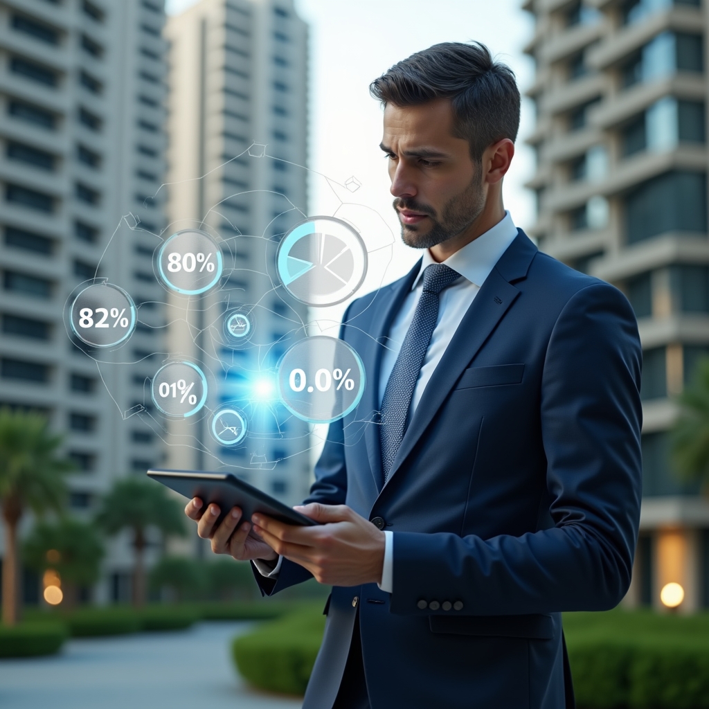 Ultra-realistic condominium manager in a navy executive suit, set in a modern luxury condominium environment with high-rise buildings and manicured green landscaping, analyzing a holographic display of unit fractions and percentage overlays projected from a tablet, floating pie charts and balance scales icons symbolizing fair allocation, confident and focused expression, cinematic lighting, shallow depth of field, highly detailed textures, realistic skin, photographic realism, 8k resolution --ar 1:1 --v 6