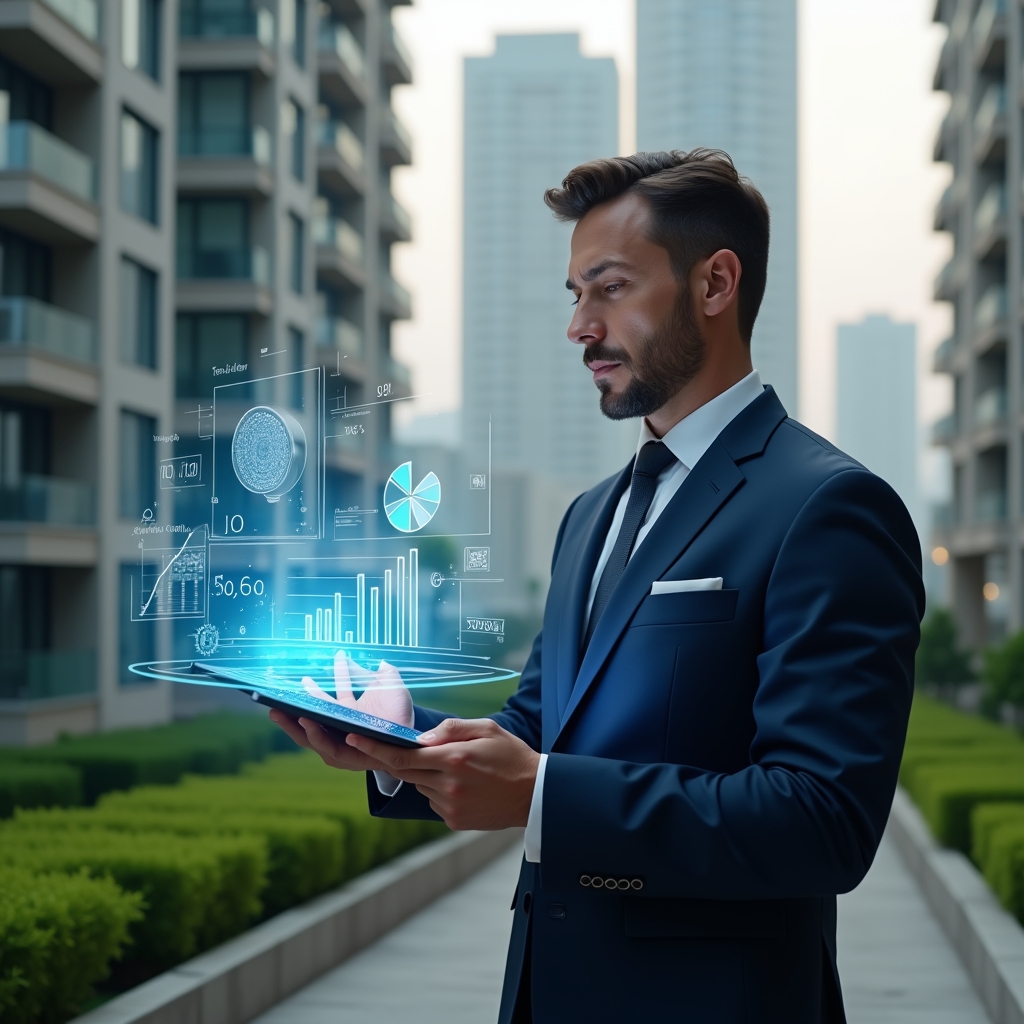 (Ultra-realistic condominium manager in a tailored navy suit, set in a modern luxury condominium environment with high-rise buildings and manicured green landscaping, reviewing a holographic budget chart projected above a digital tablet, analyzing financial data with a confident and thoughtful expression, floating icons of pie charts and currency symbols surrounding them, cinematic lighting, shallow depth of field, highly detailed textures, realistic skin, photographic realism, 8k resolution --ar 1:1 --v 6)