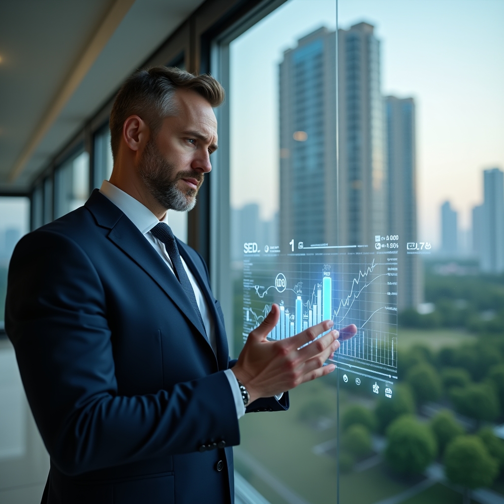 Ultra-realistic condominium manager in a navy executive suit, set in a modern luxury condominium environment with high-rise buildings and manicured greenery visible through floor-to-ceiling windows, holding a transparent holographic display of financial charts labeled with steps 1–8, confidently analyzing the data, subtle icons of reports and ledgers floating around, cinematic lighting, shallow depth of field, highly detailed textures, realistic skin, photographic realism, 8k resolution --ar 1:1 --v 6