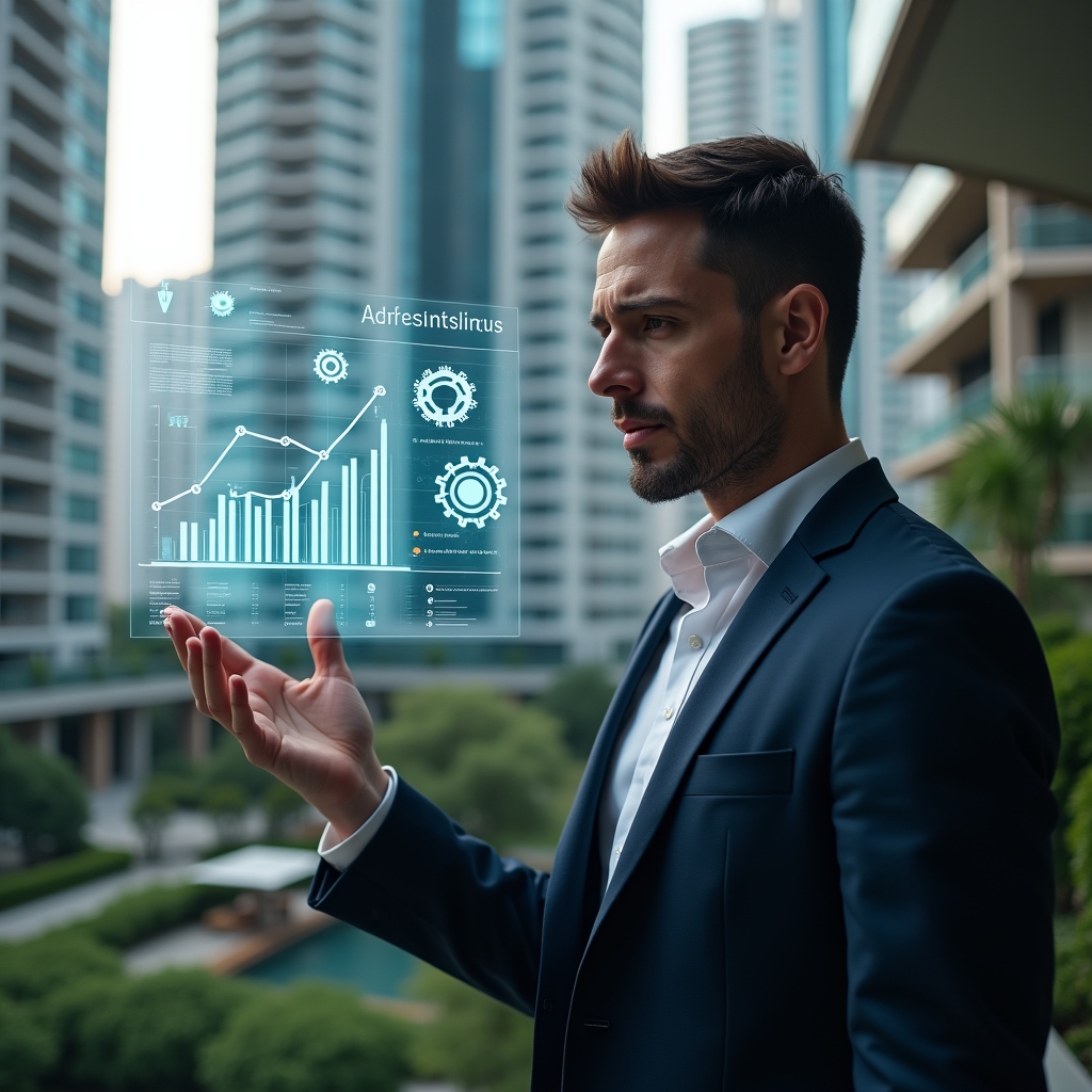(Ultra-realistic condominium manager in a tailored navy suit, set in a modern luxury condominium environment with high-rise buildings and manicured gardens, inspecting a floating holographic interface showing glitchy charts and outdated software icons, thoughtful expression, holographic data symbols and broken gear icons hovering around, cinematic lighting, shallow depth of field, highly detailed textures, realistic skin, photographic realism, 8k resolution --ar 1:1 --v 6)