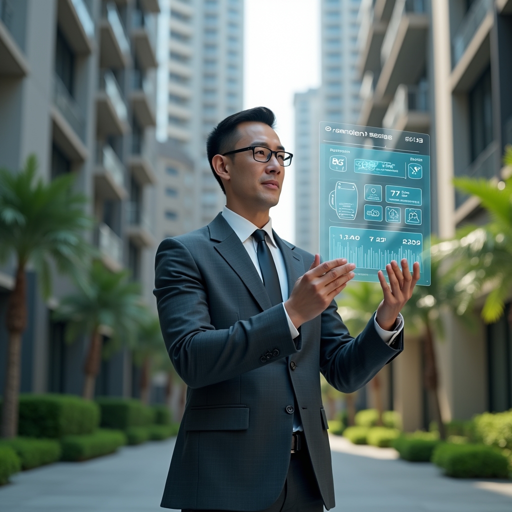 Ultra-realistic condominium manager in a dark gray tailored suit, set in a modern luxury condominium environment with high-rise buildings and lush green landscaping, standing in a medium shot while interacting with a floating holographic dashboard displaying reservation calendars, financial graphs, and chat icons, confident and thoughtful expression, cinematic lighting, shallow depth of field, highly detailed textures, realistic skin, photographic realism, 8k resolution --ar 1:1 --v 6