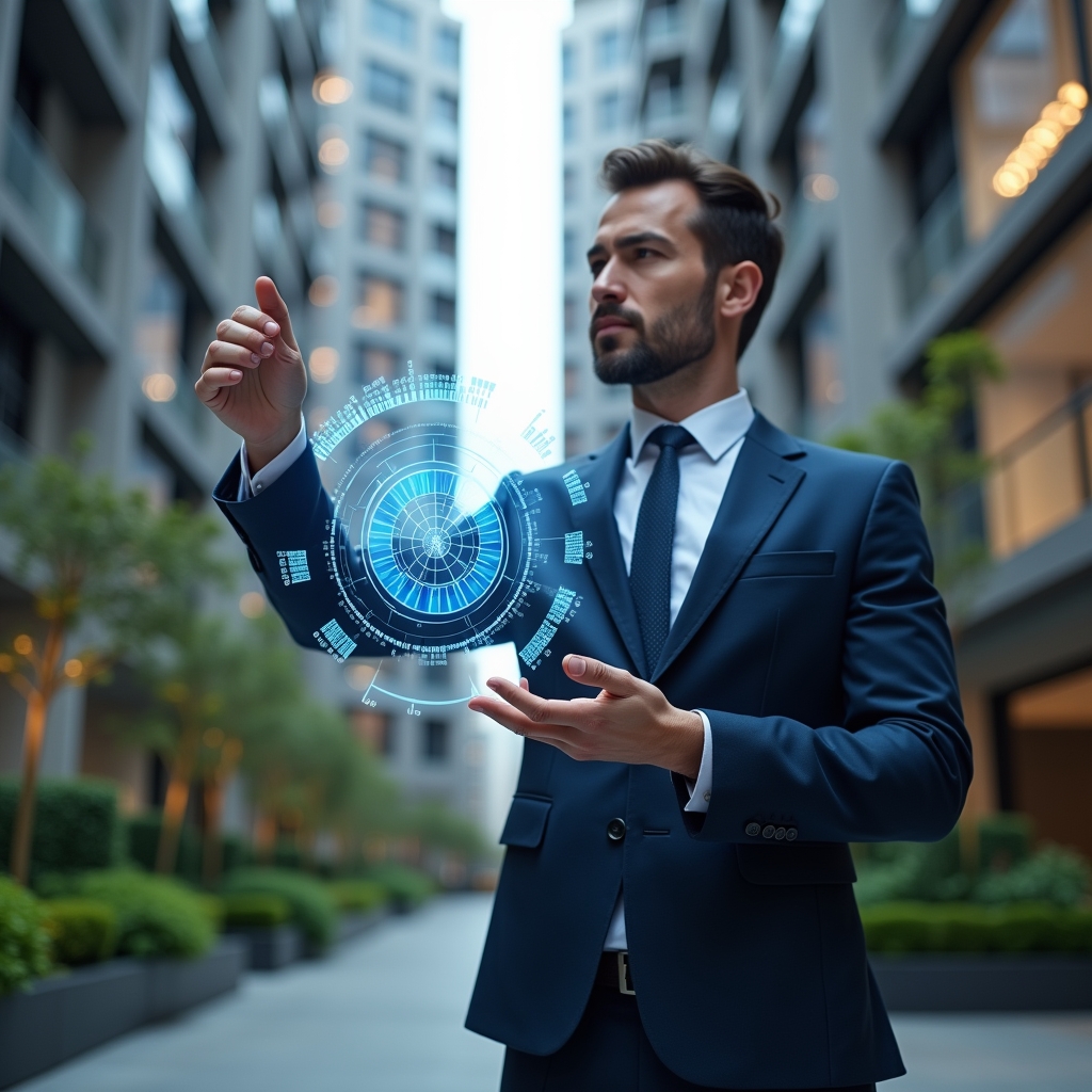 (Ultra-realistic condominium manager in a navy blue suit, set in a modern luxury condominium environment with high-rise buildings and lush green landscaping, holding and interacting with a holographic pie chart representing ideal fraction and automated cost allocation, confident and focused expression, futuristic data visualization elements floating around, cinematic lighting, shallow depth of field, highly detailed textures, realistic skin, photographic realism, 8k resolution --ar 1:1 --v 6)