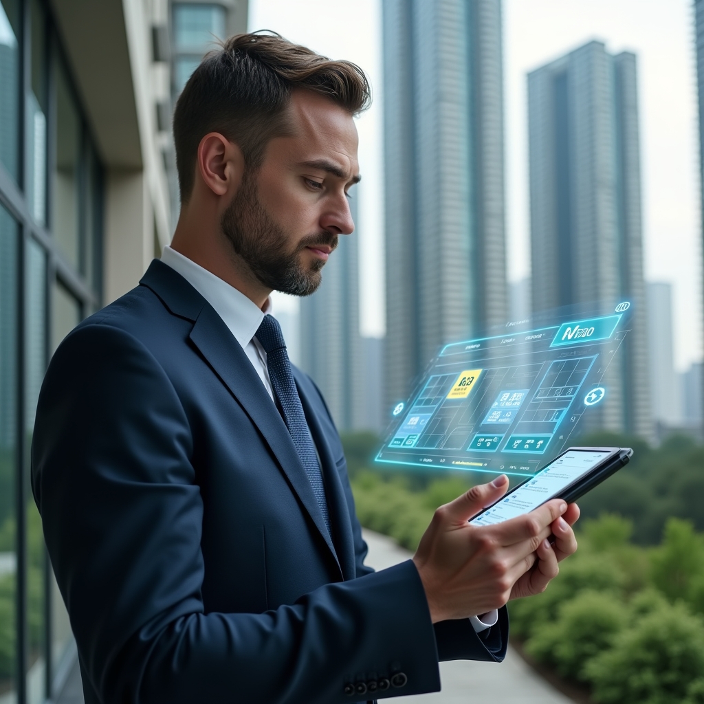 (Ultra-realistic condominium manager in a navy executive suit, set in a modern luxury condominium environment with high-rise buildings and meticulously landscaped green areas, holding a digital tablet displaying a holographic maintenance schedule calendar, examining it thoughtfully with a confident expression, floating gear and calendar icons representing planned activities, cinematic lighting, shallow depth of field, highly detailed textures, realistic skin, photographic realism, 8k resolution --ar 1:1 --v 6)