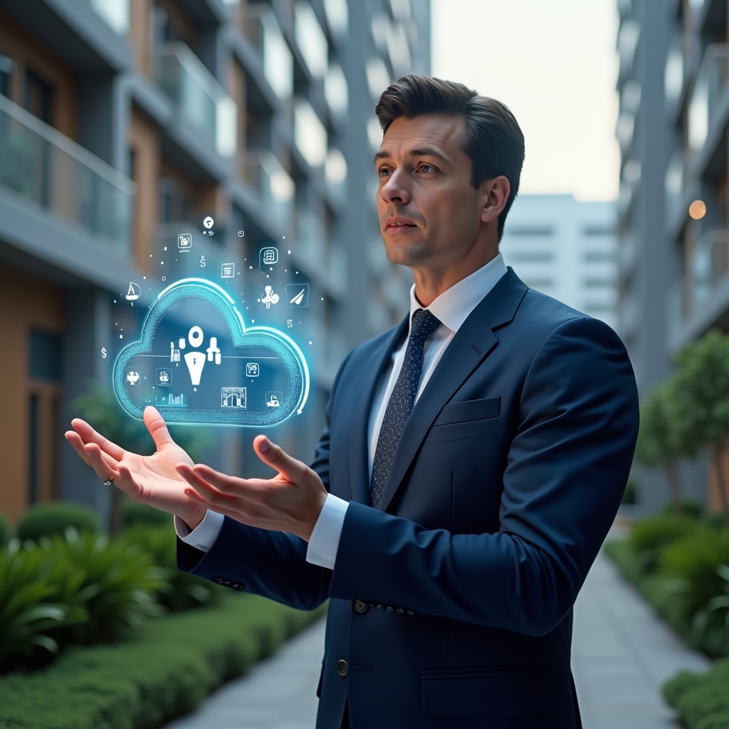 Ultra-realistic condominium manager in a tailored navy suit, set in a modern luxury condominium environment with high-rise buildings and meticulously landscaped greenery, interacting with a holographic cloud-based management app interface floating above his hand—icons for security, mobility, and automatic updates glowing softly—confident expression, cinematic lighting, shallow depth of field, highly detailed textures, realistic skin, photographic realism, 8k resolution --ar 1:1 --v 6