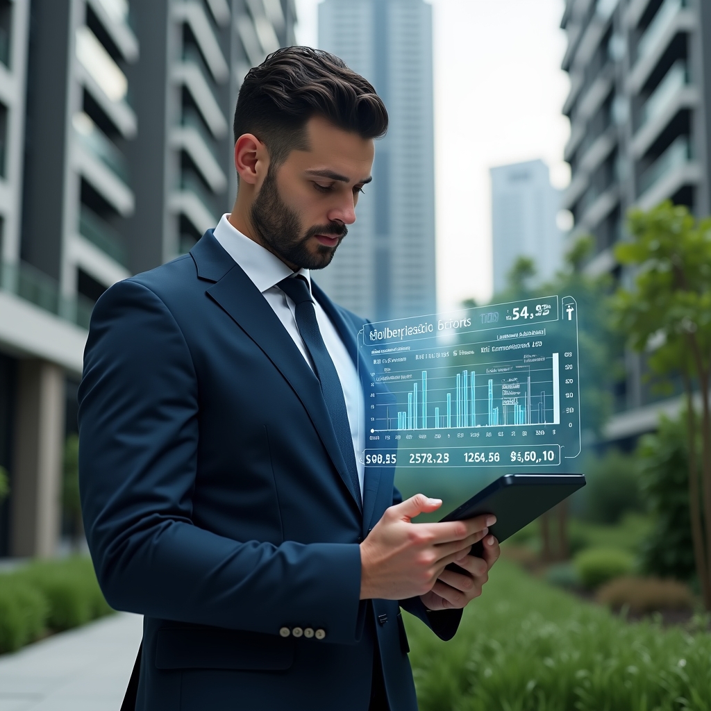 Ultra-realistic condominium manager in a tailored navy suit, set in a modern luxury condominium environment with high-rise buildings and manicured green landscaping, confidently examining a holographic financial dashboard of real-time accounts projected above a sleek tablet, cinematic lighting, shallow depth of field, highly detailed textures, realistic skin, photographic realism, 8k resolution --ar 1:1 --v 6