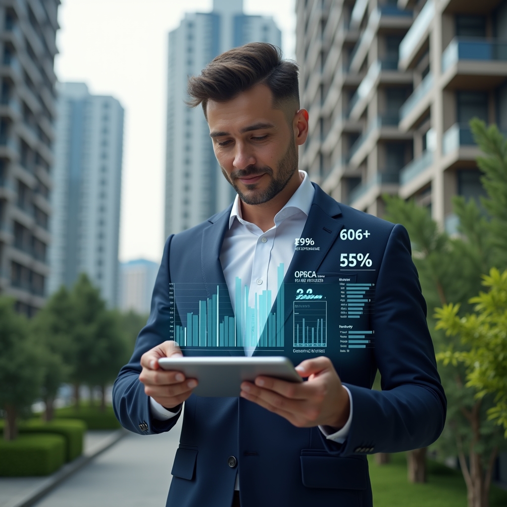Ultra-realistic condominium manager in a navy blue suit, set in a modern luxury condominium environment with high-rise buildings and lush green landscaping, mid-shot of a confident property manager analyzing financial data on a tablet with holographic expense charts and floating 3D bar graphs, cinematic lighting, shallow depth of field, highly detailed textures, realistic skin, photographic realism, 8k resolution --ar 1:1 --v 6
