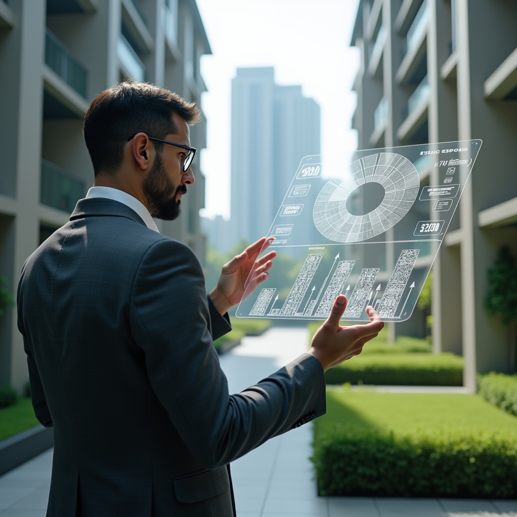 Ultra-realistic condominium manager in a charcoal gray executive suit, set in a modern luxury condominium environment with high-rise buildings and manicured green landscaping, analyzing a holographic pie chart representing fractional unit shares in mid-air, holographic floorplan overlays floating beside them, confident and focused expression, cinematic lighting, shallow depth of field, highly detailed textures, realistic skin, photographic realism, 8k resolution --ar 1:1 --v 6