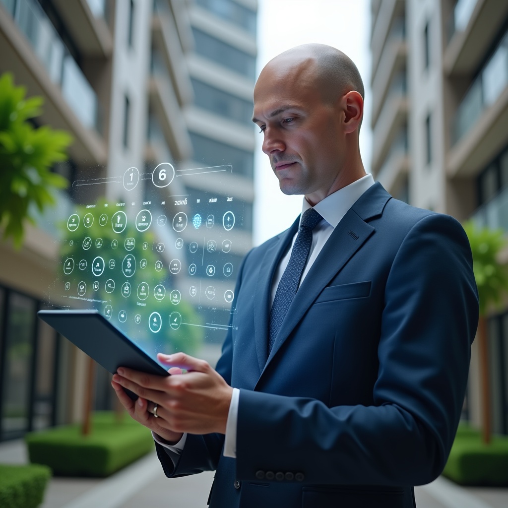 Ultra-realistic condominium manager in a navy blue executive suit, set in a modern luxury condominium environment with high-rise buildings and meticulously landscaped gardens, holding a digital tablet projecting a holographic monthly schedule and icons of clocks and checkmarks, confidently reviewing tasks, cinematic lighting, shallow depth of field, highly detailed textures, realistic skin, photographic realism, 8k resolution --ar 1:1 --v 6