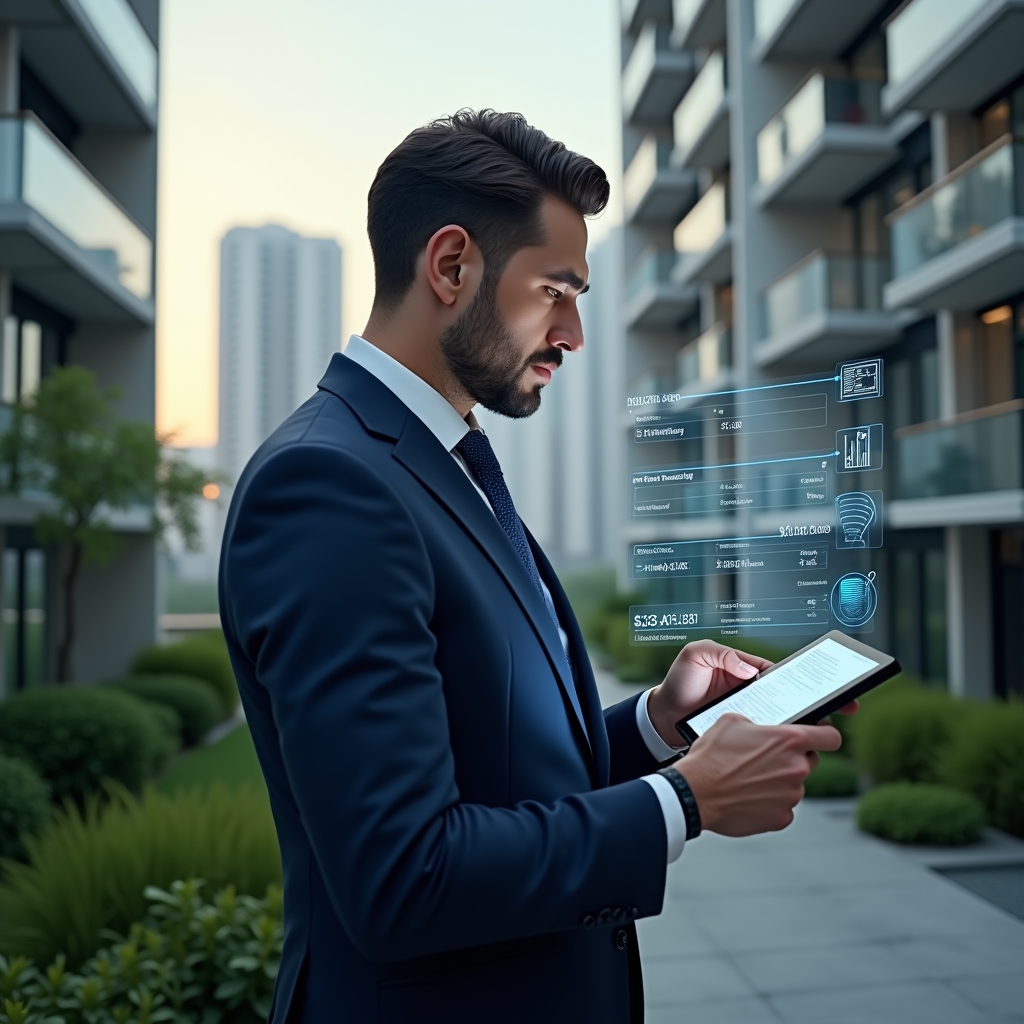 Ultra-realistic condominium manager in a navy blue suit, set in a modern luxury condominium environment with high-rise buildings and manicured green landscaping, reviewing a holographic task schedule projected from a tablet, confident expression, subtle icons of financial charts and community engagement floating around, cinematic lighting, shallow depth of field, highly detailed textures, realistic skin, photographic realism, 8k resolution --ar 1:1 --v 6