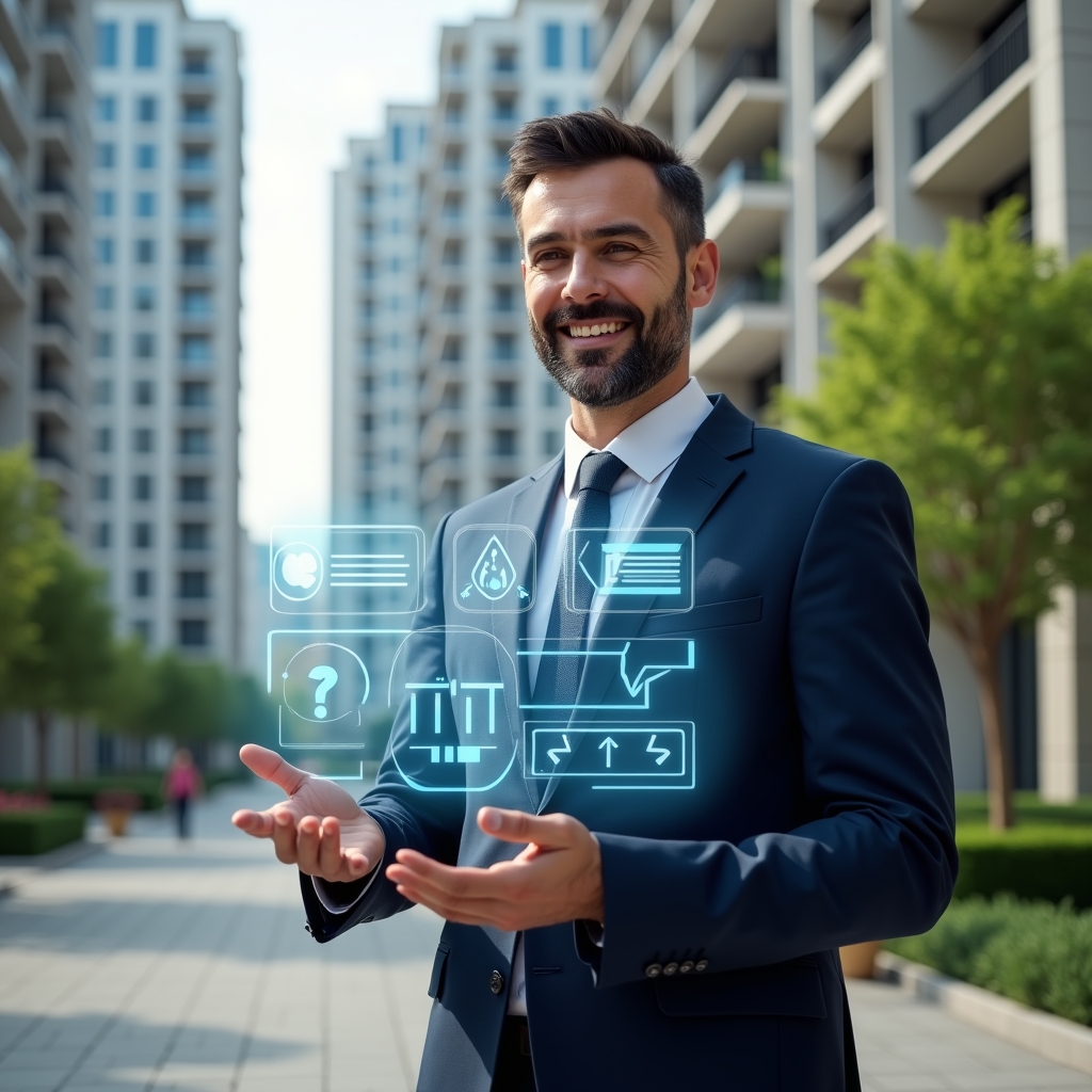 Ultra-realistic property manager in a tailored navy suit, set in a modern luxury condominium environment with high-rise buildings and manicured green landscaping, holding and interacting with a transparent holographic interface displaying approval checkmarks, quotation tags and chat bubbles to symbolize streamlined processes, confident smile, cinematic lighting, shallow depth of field, highly detailed textures, realistic skin, photographic realism, 8k resolution --ar 1:1 --v 6