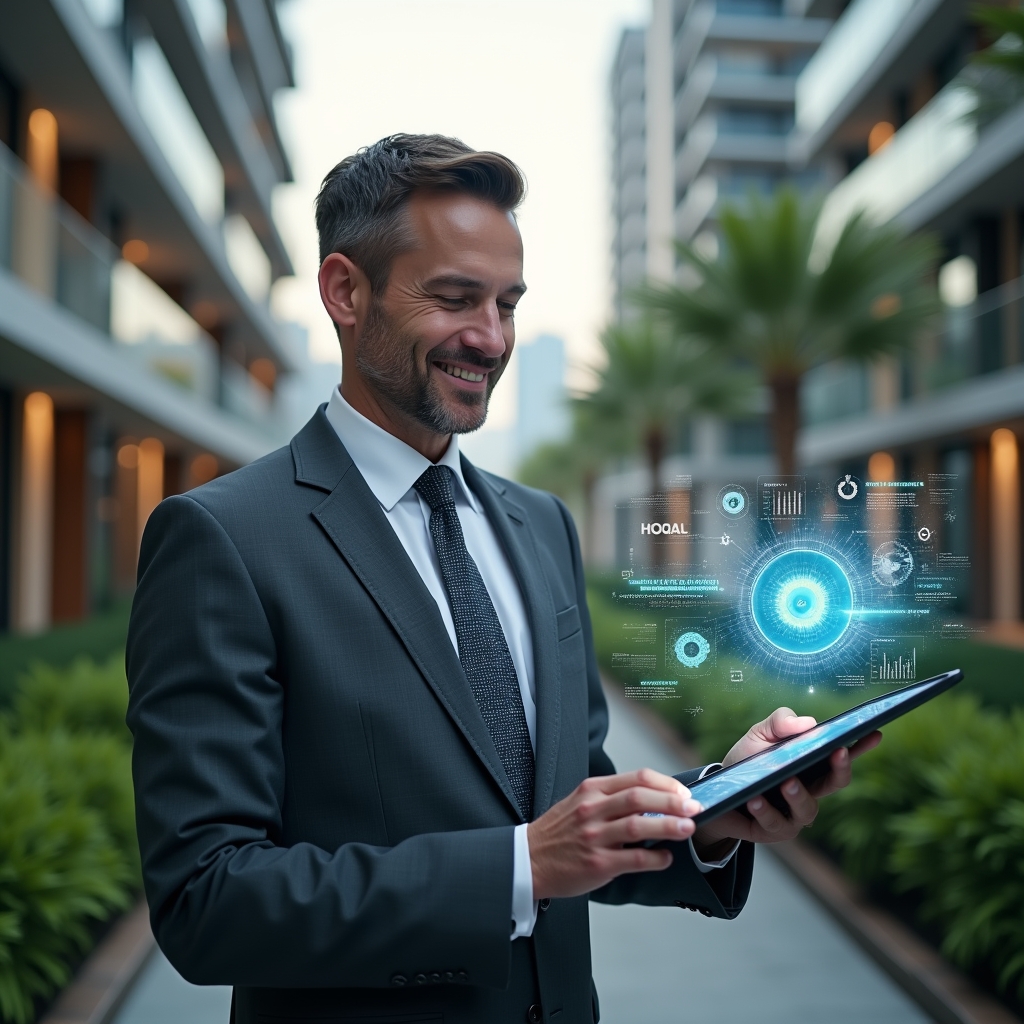 Ultra-realistic condominium manager in a charcoal gray tailored suit, set in a modern luxury condominium environment with high-rise buildings and manicured green landscaping, holding a digital tablet displaying a holographic building management dashboard, confidently analyzing data with a slight smile, holographic icons of gears and charts floating beside them, cinematic lighting, shallow depth of field, highly detailed textures, realistic skin, photographic realism, 8k resolution --ar 1:1 --v 6