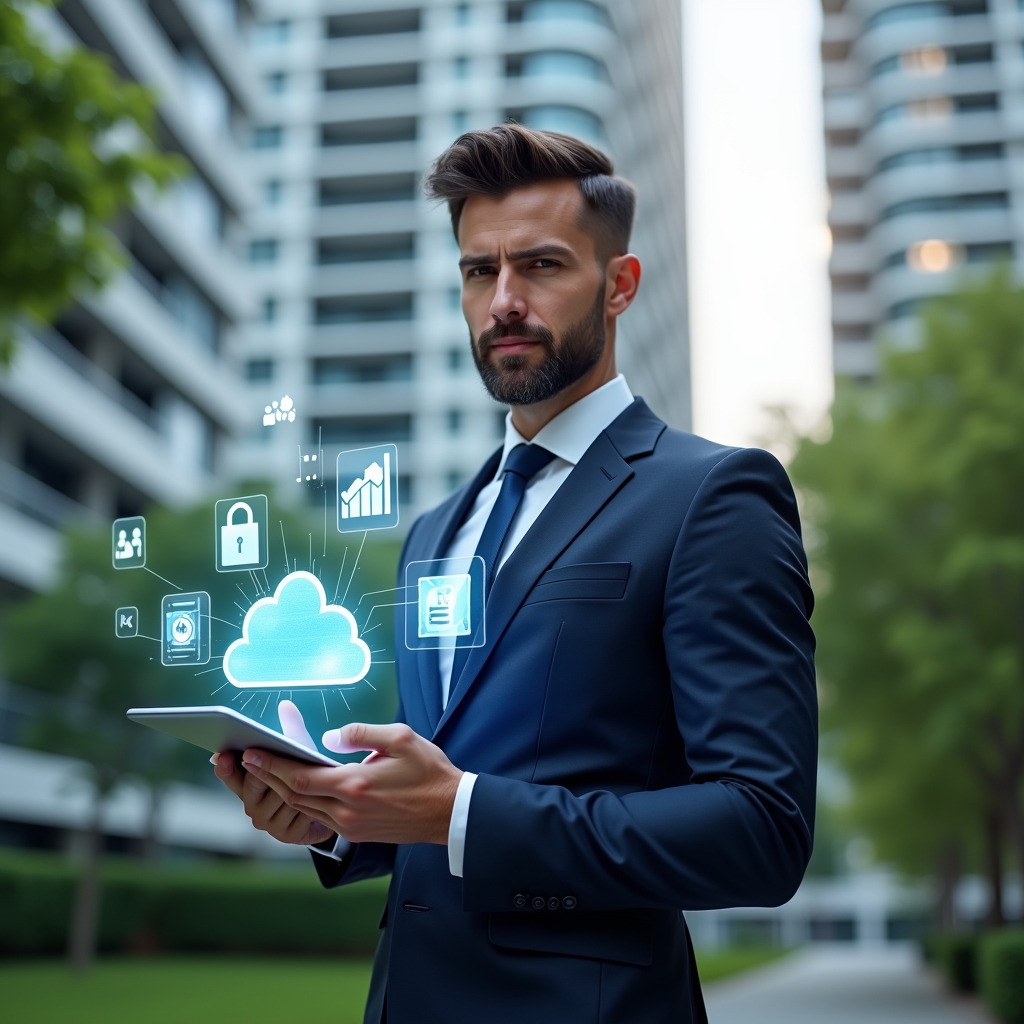 Ultra-realistic property manager in a navy executive suit, set in a modern luxury condominium environment with high-rise buildings and lush green landscaping, holding a tablet displaying floating holographic icons of cloud storage, security lock, time-saving clock and performance charts to symbolize remote condominium administration, confident and focused expression, cinematic lighting, shallow depth of field, highly detailed textures, realistic skin, photographic realism, 8k resolution --ar 1:1 --v 6