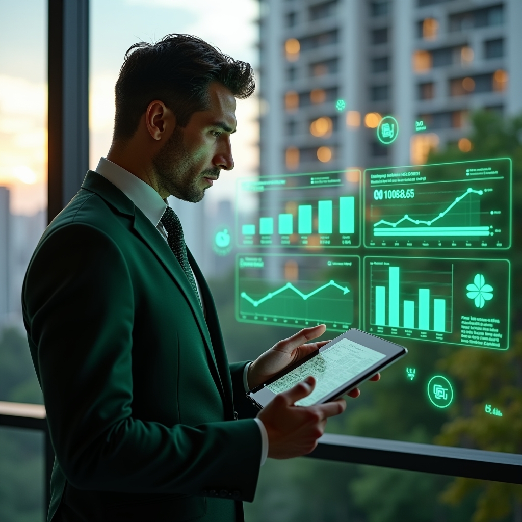 Ultra-realistic condominium manager in a dark green suit, set in a modern luxury condominium environment with high-rise buildings and lush green landscaping, reviewing a transparent holographic dashboard of energy and water savings metrics, holding a tablet displaying sustainability graphs and eco-icons, confident and focused expression, cinematic lighting, shallow depth of field, highly detailed textures, realistic skin, photographic realism, 8k resolution --ar 1:1 --v 6