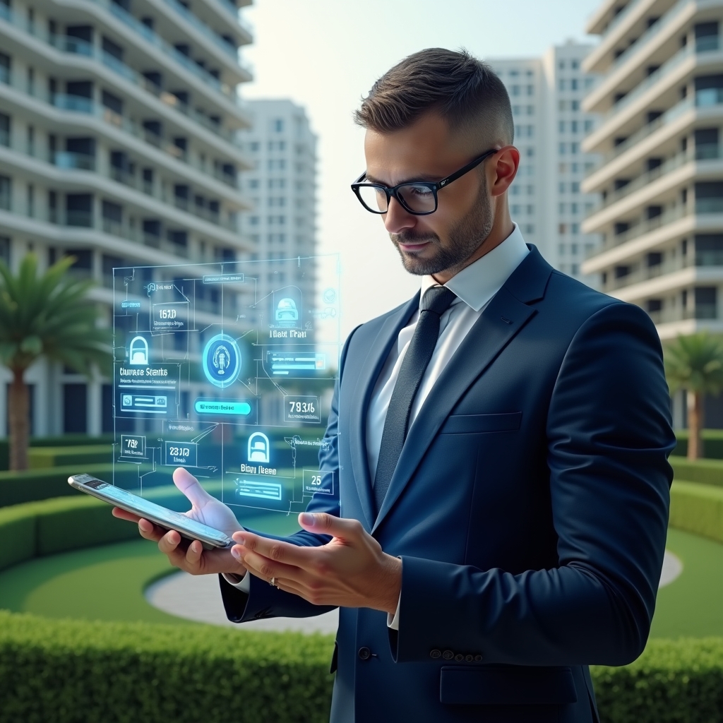 Ultra-realistic condominium manager in a navy executive suit, set in a modern luxury condominium environment with high-rise buildings and manicured green landscaping, analyzing a holographic interface displaying five app icons and comparative ranking charts, confident and focused expression, cinematic lighting, shallow depth of field, highly detailed textures, realistic skin, photographic realism, 8k resolution --ar 1:1 --v 6