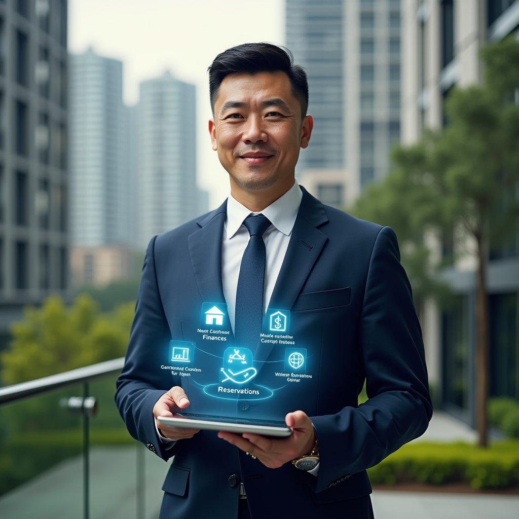 (Ultra-realistic condominium manager in a navy executive suit, set in a modern luxury condominium environment with high-rise buildings and meticulously landscaped green areas, holding a tablet displaying a holographic interface of a condo management app with floating icons for finances, maintenance and reservations, confident and focused expression, cinematic lighting, shallow depth of field, highly detailed textures, realistic skin, photographic realism, 8k resolution --ar 1:1 --v 6)