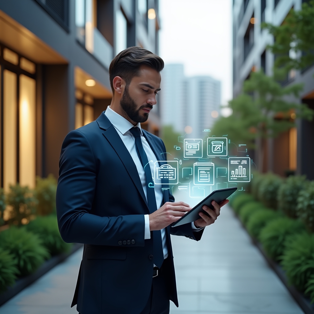 (Ultra-realistic condominium manager in a tailored navy suit, set in a modern luxury condominium environment with high-rise buildings and manicured green landscaping, confidently holding a tablet displaying a holographic condo management app interface, surrounded by floating icons of calendar, financial reports and chat bubbles, cinematic lighting, shallow depth of field, highly detailed textures, realistic skin, photographic realism, 8k resolution --ar 1:1 --v 6)