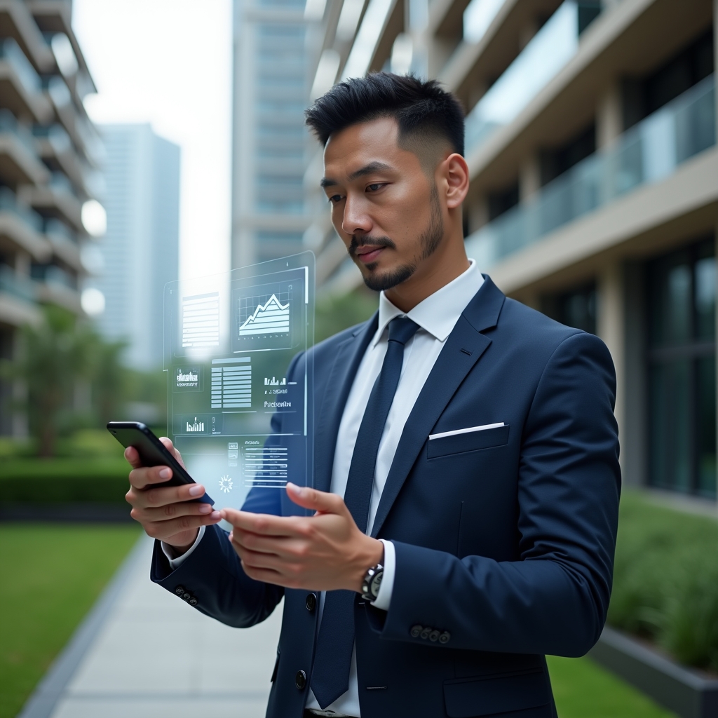 (Ultra-realistic condominium manager in a tailored navy suit, set in a modern luxury condominium environment with high-rise buildings and manicured green landscaping, holding a smartphone and interacting with a holographic condo management app interface, holographic icons of charts and building access controls floating beside, confident and focused expression, cinematic lighting, shallow depth of field, highly detailed textures, realistic skin, photographic realism, 8k resolution --ar 1:1 --v 6)