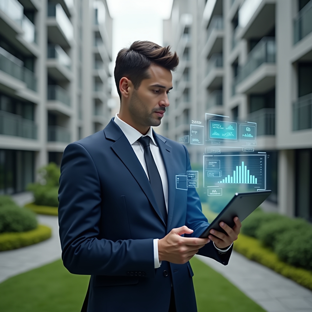(Ultra-realistic condominium manager in a tailored navy suit, set in a modern luxury condominium environment with high-rise buildings and manicured green landscaping, holding a tablet displaying holographic financial charts and reports, confidently analyzing streamlined dashboards, floating icons of invoices and bar graphs symbolizing automated finances, cinematic lighting, shallow depth of field, highly detailed textures, realistic skin, photographic realism, 8k resolution --ar 1:1 --v 6)