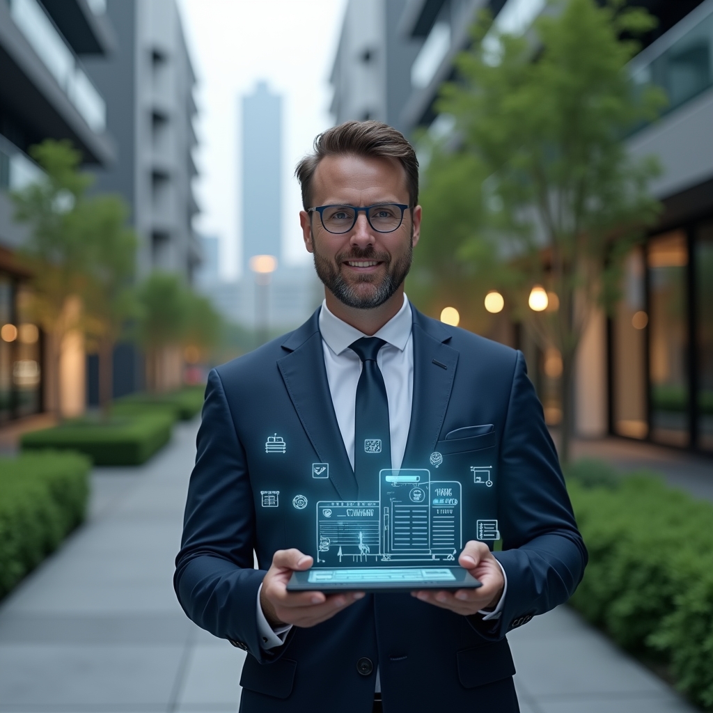 (Ultra-realistic condominium manager in a dark blue executive suit, set in a modern luxury condominium environment with high-rise buildings and manicured green landscaping, holding a holographic digital schedule and tapping floating task icons to automate activities, confident and focused expression, cinematic lighting, shallow depth of field, highly detailed textures, realistic skin, photographic realism, 8k resolution --ar 1:1 --v 6)