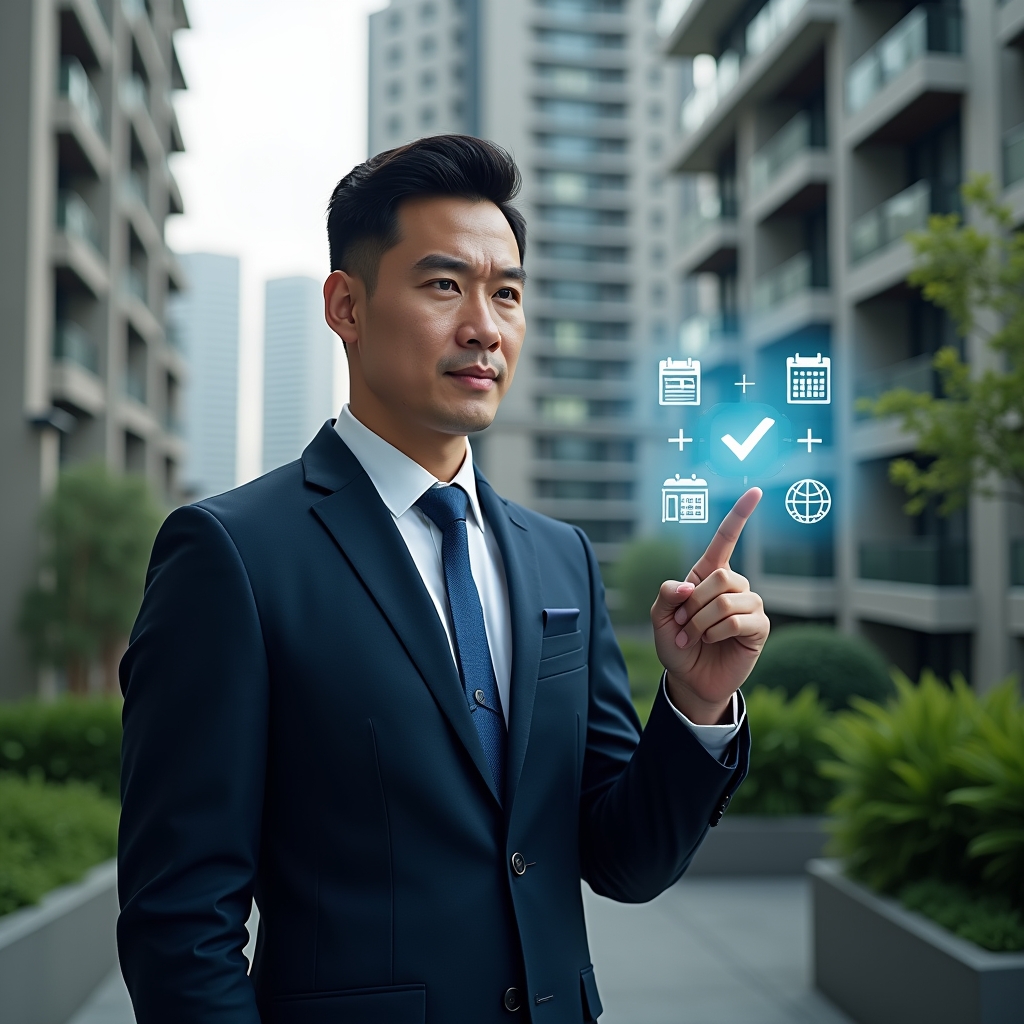 (Ultra-realistic condominium manager in a navy suit, set in a modern luxury condominium environment with high-rise buildings and meticulously landscaped greenery, pointing at a floating holographic checklist and calendar icons representing monthly, quarterly, and annual tasks, confident and focused expression, cinematic lighting, shallow depth of field, highly detailed textures, realistic skin, photographic realism, 8k resolution --ar 1:1 --v 6)