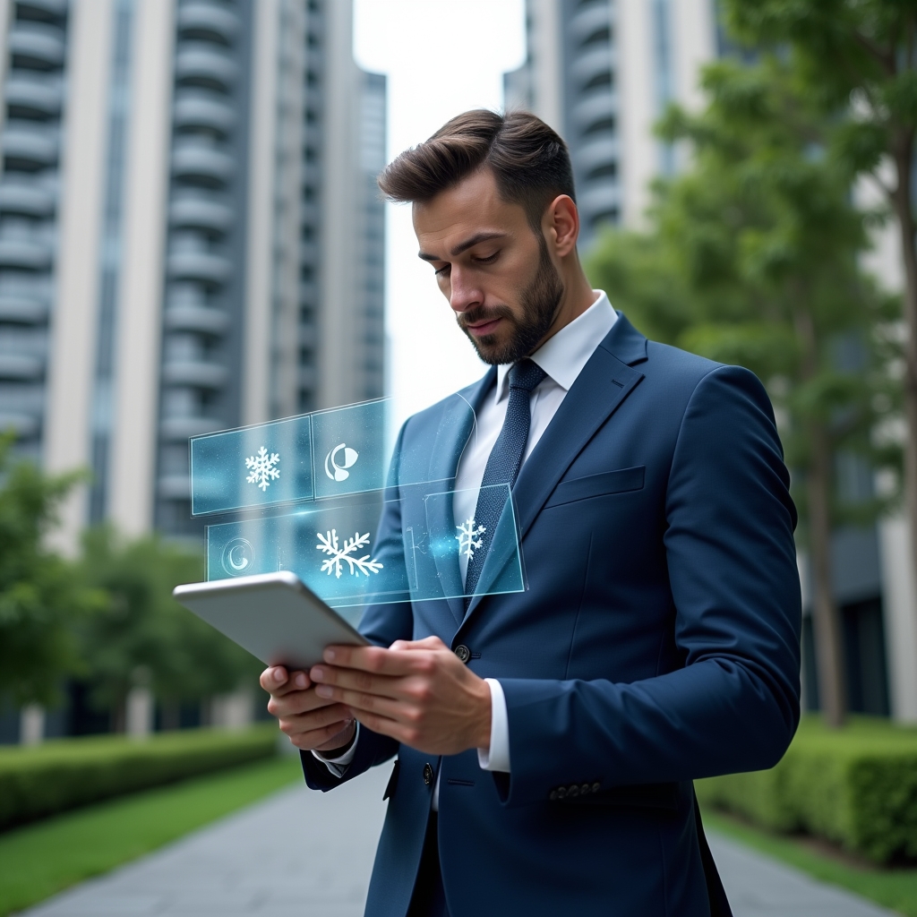 Ultra-realistic property manager in a navy blue suit, set in a modern luxury condominium environment with high-rise buildings and meticulously landscaped greenery, holding a digital tablet displaying a holographic seasonal maintenance checklist with icons for sun, leaf, snowflake and flower, confidently analyzing the data, cinematic lighting, shallow depth of field, highly detailed textures, realistic skin, photographic realism, 8k resolution --ar 1:1 --v 6