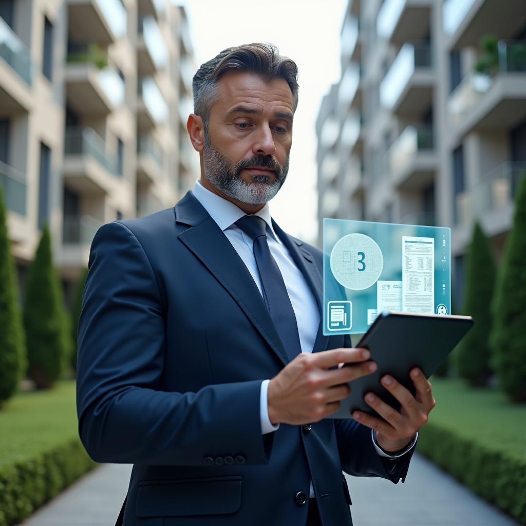 (Ultra-realistic condominium manager in a navy blue tailored suit, set in a modern luxury condominium environment with high-rise buildings and manicured green landscaping, holding a digital tablet and reviewing floating holographic charts and receipts, confident and focused expression, cinematic lighting, shallow depth of field, highly detailed textures, realistic skin, photographic realism, 8k resolution --ar 1:1 --v 6)