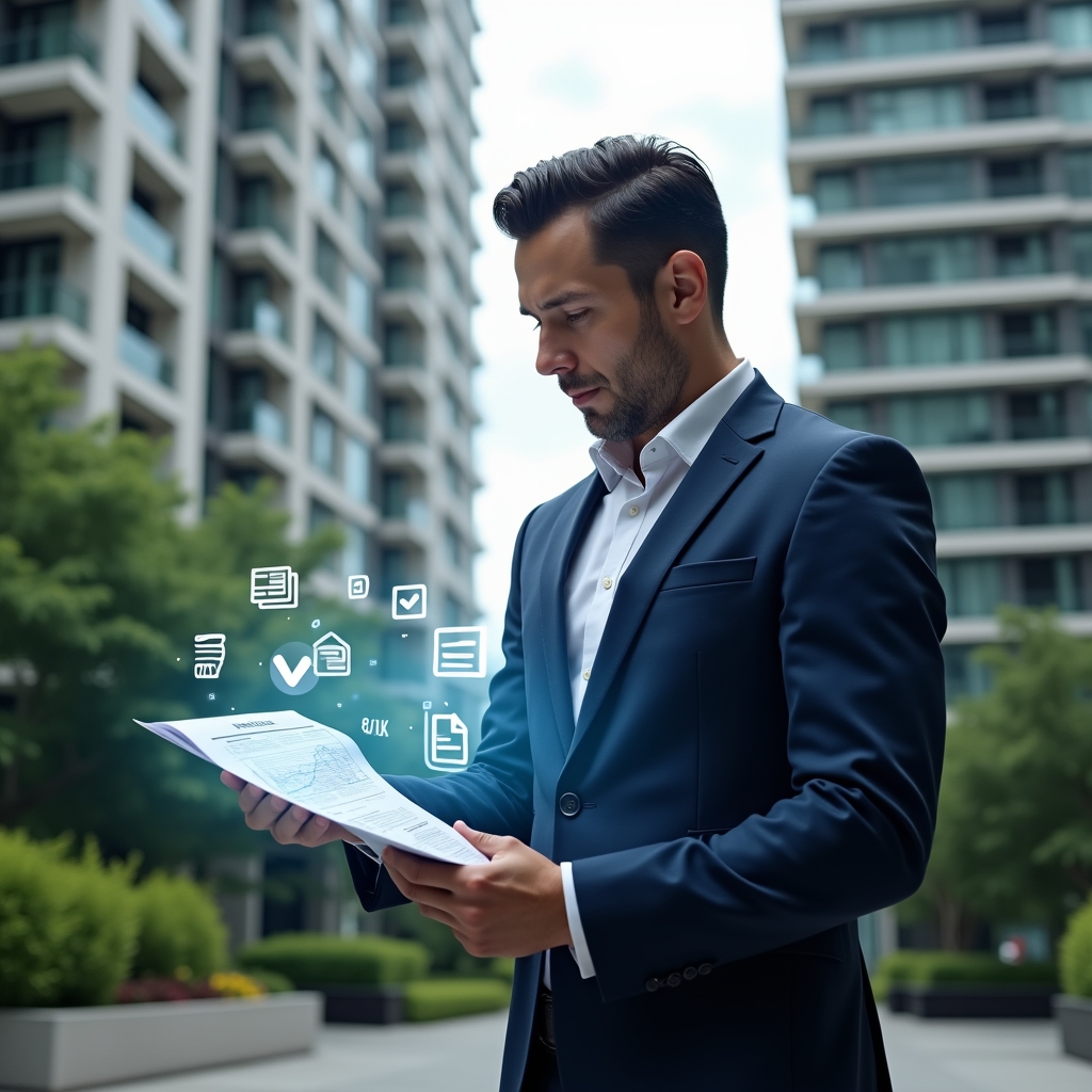 Ultra-realistic condominium manager in a navy blue suit, set in a modern luxury condominium environment with high-rise buildings and lush green landscaping, reviewing a holographic financial report and checking off a floating digital checklist, holographic icons of documents and checkmarks orbiting around, confident and focused expression, cinematic lighting, shallow depth of field, highly detailed textures, realistic skin, photographic realism, 8k resolution --ar 1:1 --v 6