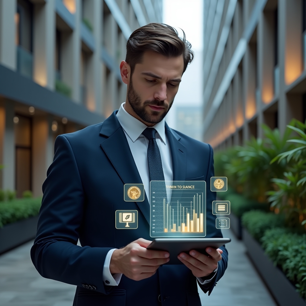 (Ultra-realistic condominium manager in a tailored navy suit, set in a modern luxury condominium environment with high-rise buildings and manicured green gardens, holding a digital tablet displaying a glowing holographic cost-cutting checklist and financial graphs, analyzing data with a confident, thoughtful expression, subtle icons of coins and charts floating beside them, cinematic lighting, shallow depth of field, highly detailed textures, realistic skin, photographic realism, 8k resolution --ar 1:1 --v 6)