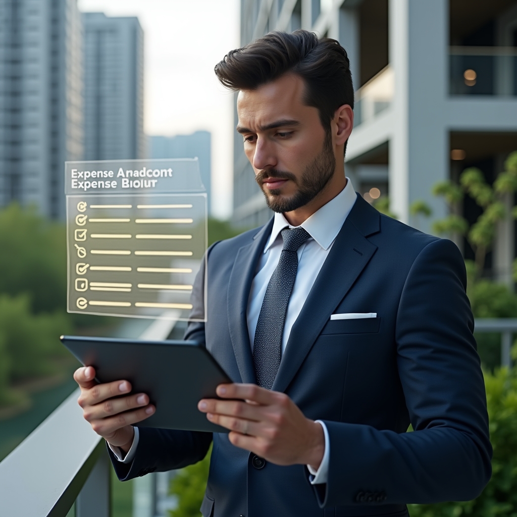 (Ultra-realistic condominium manager in a tailored navy suit, set in a modern luxury condominium environment with high-rise buildings and manicured greenery, reviewing a holographic checklist projected from a tablet with floating expense report icons, focused and confident expression, cinematic lighting, shallow depth of field, highly detailed textures, realistic skin, photographic realism, 8k resolution --ar 1:1 --v 6)