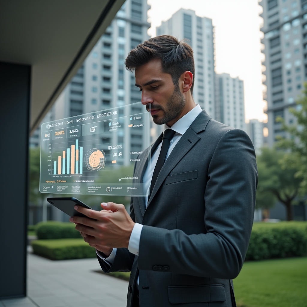Ultra-realistic condominium manager in a charcoal gray tailored suit, set in a modern luxury condominium environment with high-rise buildings and manicured greenery, confidently reviewing a floating holographic financial dashboard displaying charts and approval checkmarks, holding a tablet with an app interface, cinematic lighting, shallow depth of field, highly detailed textures, realistic skin, photographic realism, 8k resolution --ar 1:1 --v 6