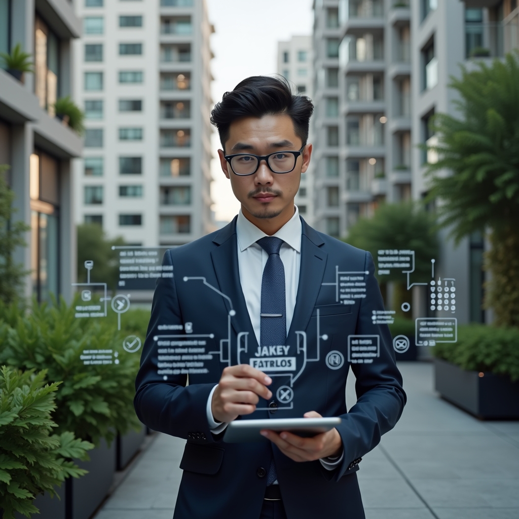 (Ultra-realistic property manager in a navy tailored suit, set in a modern luxury condominium environment with high-rise buildings and meticulously landscaped greenery, holding a digital tablet and tapping a holographic monthly checklist interface, confident and focused expression, floating task icons and calendar symbols around, cinematic lighting, shallow depth of field, highly detailed textures, realistic skin, photographic realism, 8k resolution --ar 1:1 --v 6)
