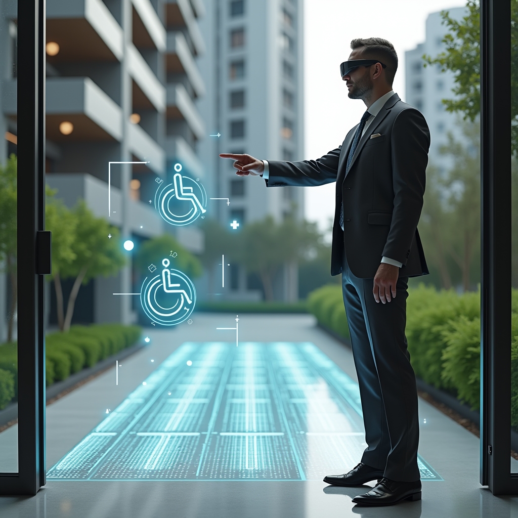 (Ultra-realistic condominium manager in a charcoal gray executive suit, set in a modern luxury condominium environment with high-rise buildings and manicured green landscaping, medium shot, confidently pointing at a transparent holographic ramp and tactile floor overlay, floating wheelchair accessibility icons beside, cinematic lighting, shallow depth of field, highly detailed textures, realistic skin, photographic realism, 8k resolution --ar 1:1 --v 6)