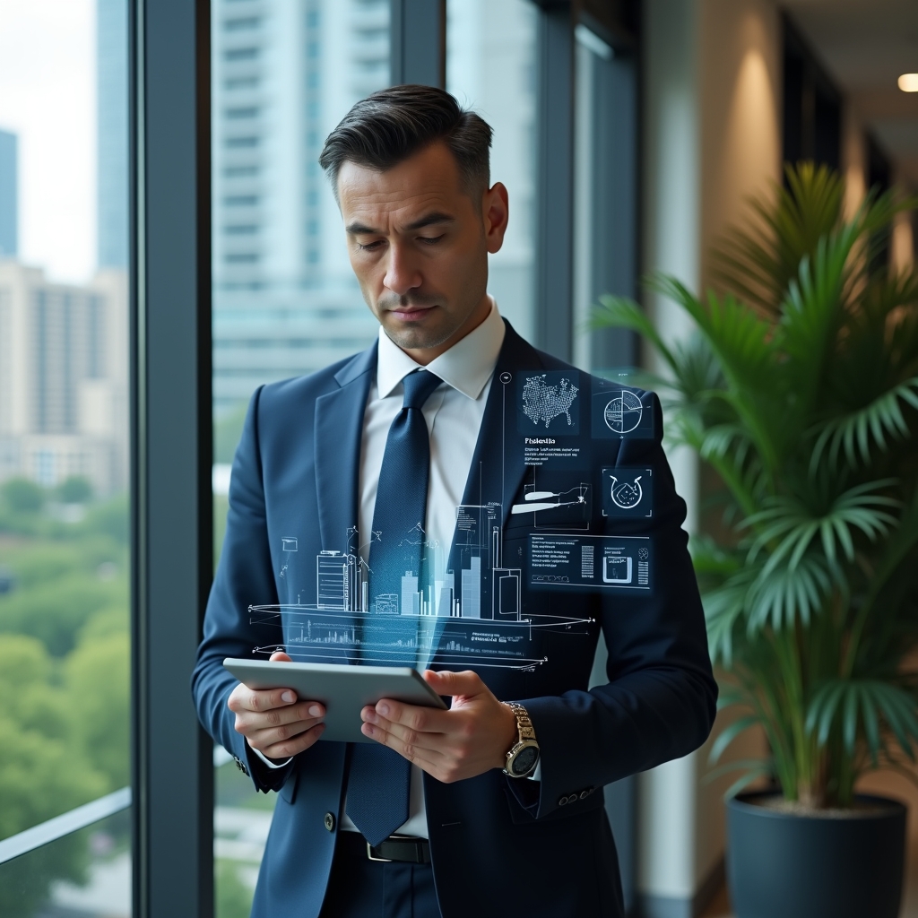 Ultra-realistic condominium manager in a tailored navy blue suit, set in a modern luxury condominium environment with high-rise buildings and lush green landscaping visible through large windows, medium shot of a confident and thoughtful professional reviewing financial reports on a sleek digital tablet, floating holographic accounting charts and icons around him symbolizing transparency and error-free management, cinematic lighting, shallow depth of field, highly detailed textures, realistic skin, photographic realism, 8k resolution --ar 1:1 --v 6