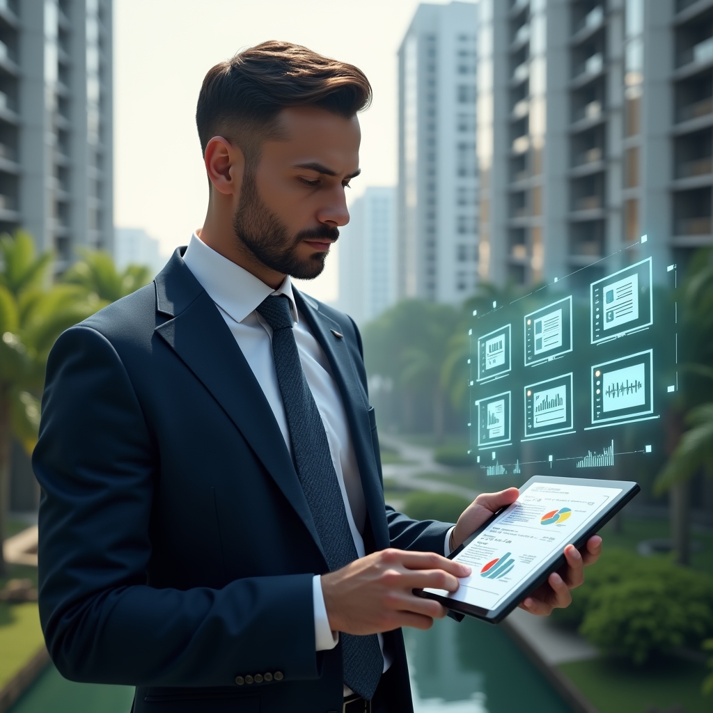Ultra-realistic condominium manager in a tailored navy suit, set in a modern luxury condominium environment with high-rise buildings and lush green landscaping, analyzing financial documents on a digital tablet while holographic charts and floating document icons surround them, serious and focused expression, cinematic lighting, shallow depth of field, highly detailed textures, realistic skin, photographic realism, 8k resolution --ar 1:1 --v 6
