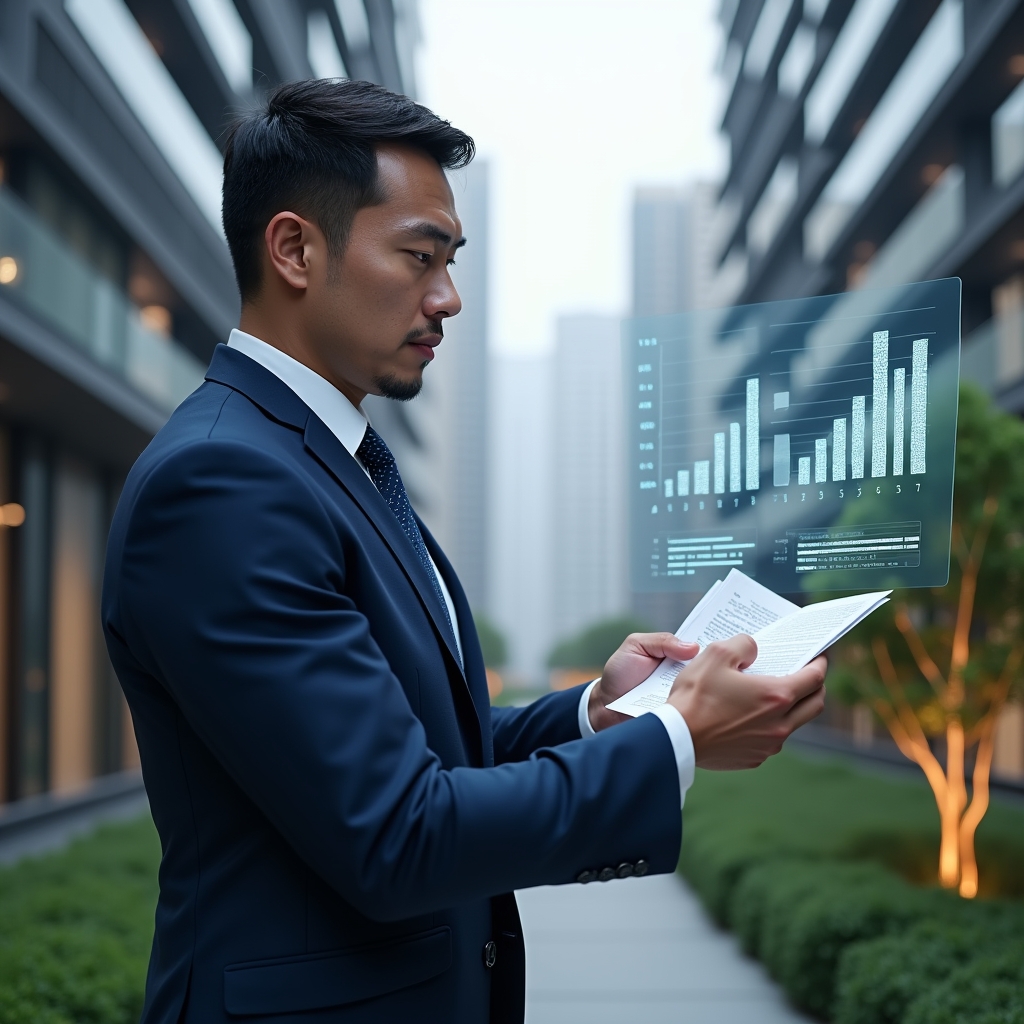 (Ultra-realistic condominium manager in a navy blue suit, set in a modern luxury condominium environment with high-rise buildings and green landscaping, mid-shot thoughtfully reviewing holographic financial charts and documents, floating ledger and bar graph icons symbolizing transparency and trust, cinematic lighting, shallow depth of field, highly detailed textures, realistic skin, photographic realism, 8k resolution --ar 1:1 --v 6)