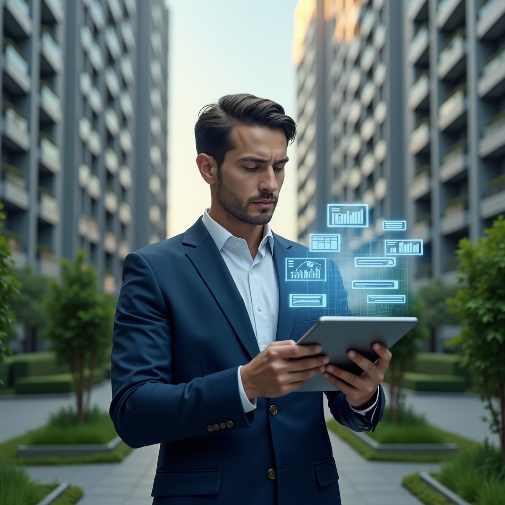 Ultra-realistic condominium manager in a navy executive suit, set in a modern luxury condominium environment with high-rise buildings and well-manicured green landscaping, holding a digital tablet with holographic icons of maintenance schedules, financial charts and messaging bubbles, confidently analyzing data, cinematic lighting, shallow depth of field, highly detailed textures, realistic skin, photographic realism, 8k resolution --ar 1:1 --v 6