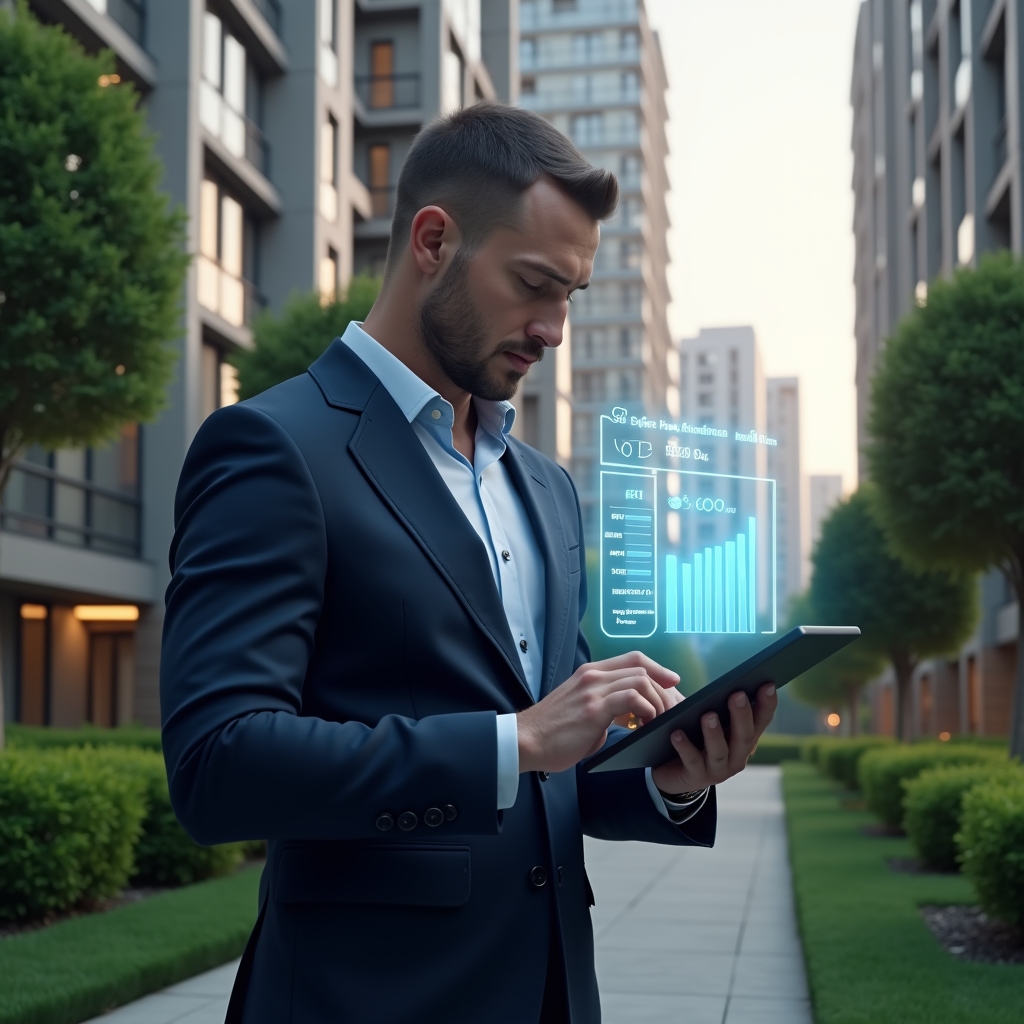 (Ultra-realistic condominium manager in a tailored navy suit, set in a modern luxury condominium environment with high-rise buildings and manicured green landscaping, holding a tablet and reviewing holographic cost-reduction graphs floating above his device, a glowing icon of a budget chart beside him, cinematic lighting, shallow depth of field, highly detailed textures, realistic skin, photographic realism, 8k resolution --ar 1:1 --v 6)