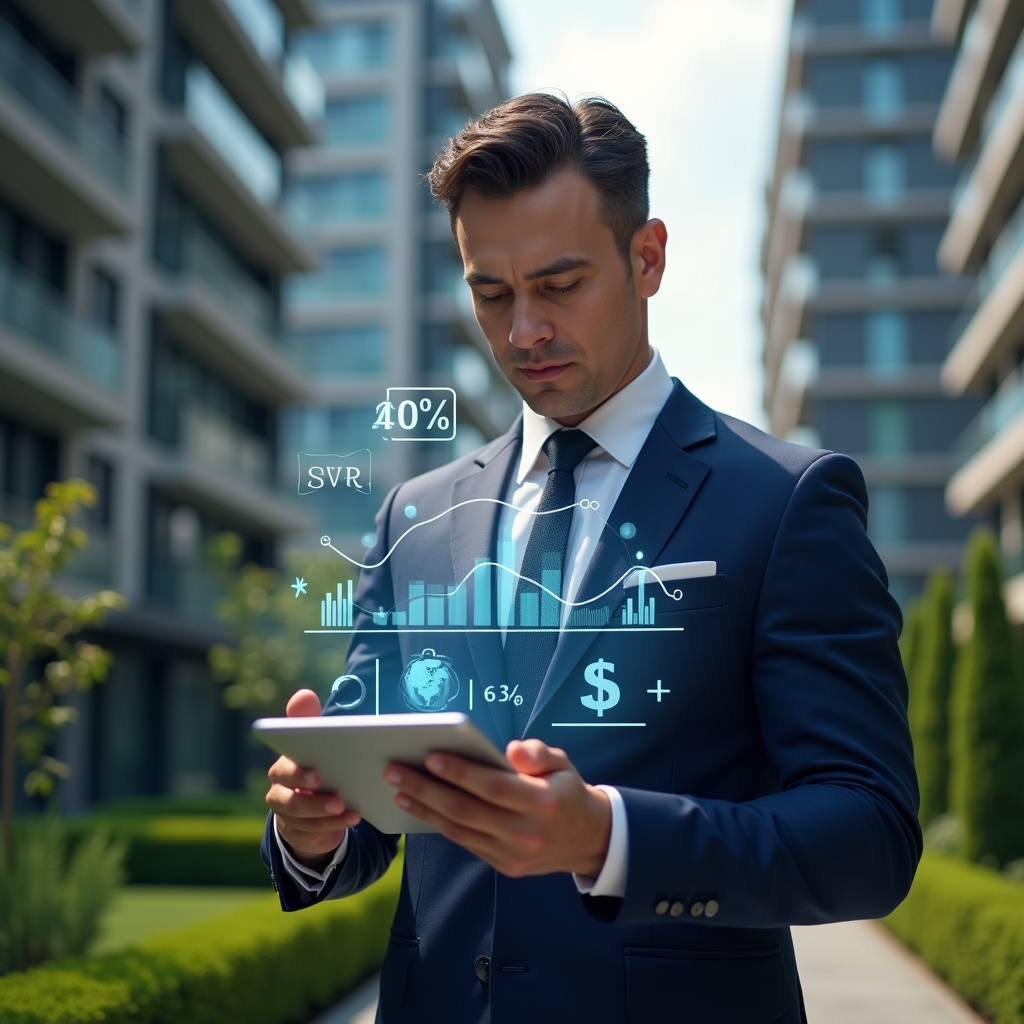 (Ultra-realistic condominium manager in a navy blue tailored suit, set in a modern luxury condominium environment with high-rise buildings and manicured green landscaping, reviewing holographic budget charts hovering above a tablet, confident and focused expression, floating cost-saving icons and symbolic financial graphs, cinematic lighting, shallow depth of field, highly detailed textures, realistic skin, photographic realism, 8k resolution --ar 1:1 --v 6)