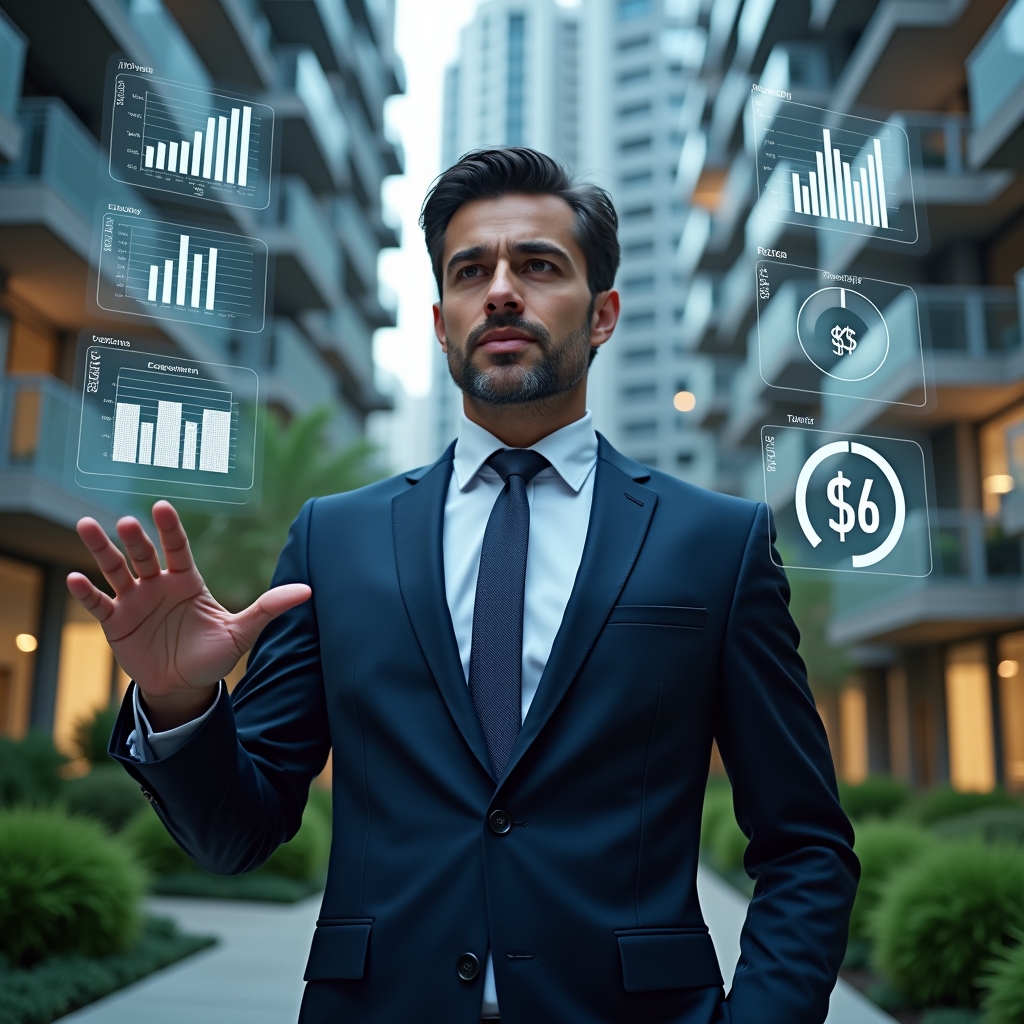 (Ultra-realistic condominium manager in a tailored navy suit, set in a modern luxury condominium environment with high-rise buildings and lush green landscaping, mid-shot analyzing floating holographic financial charts showing revenue, expenses and cash flow indicators, holographic icons of graphs and currency symbols around, confident and focused expression, cinematic lighting, shallow depth of field, highly detailed textures, realistic skin, photographic realism, 8k resolution --ar 1:1 --v 6)